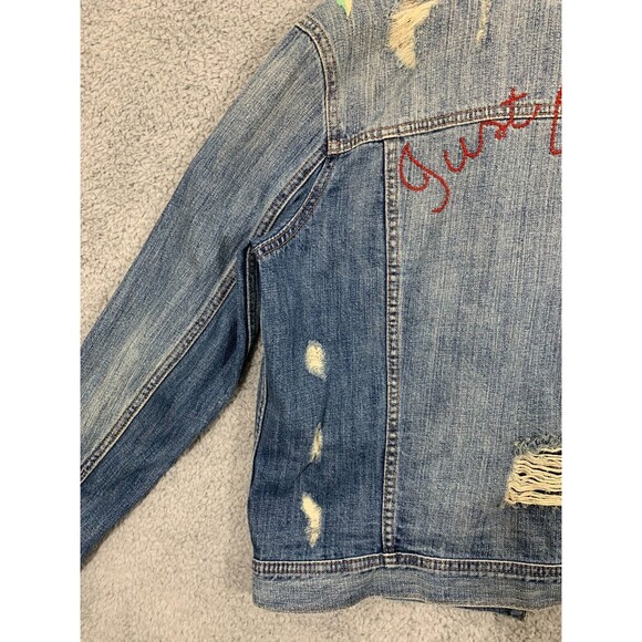 American Eagle (M) Blue Jean Denim Jacket Floral Wearable Art Distressed Pockets - Picture 14 of 16